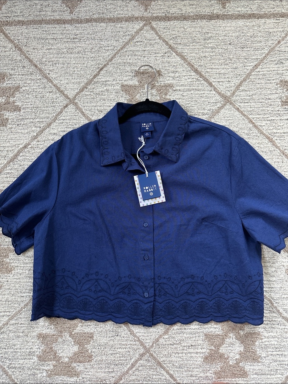 Roller Rabbit x Target Navy Embroidered Cropped Button-Up Shirt